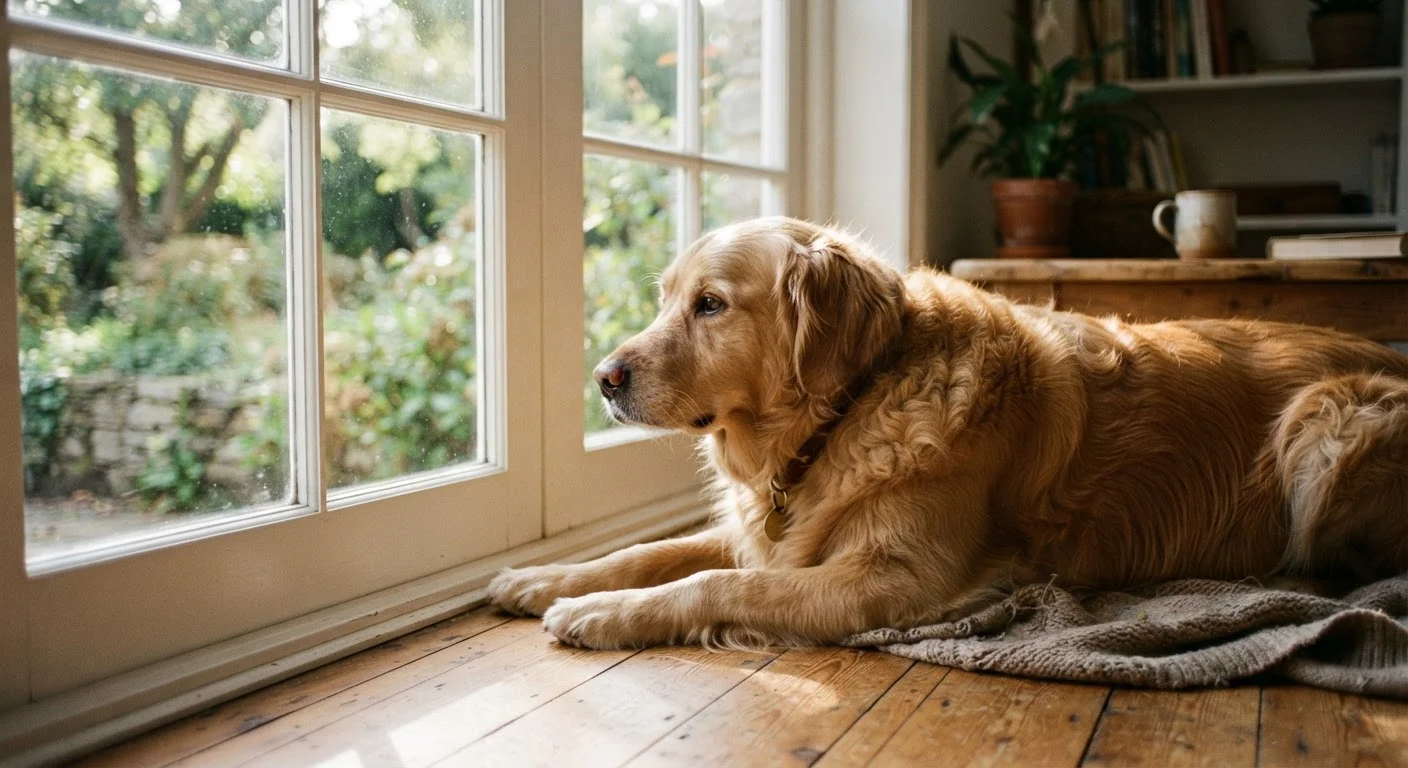 A golden retriever resting by a sunny window with a calm, contemplative expression