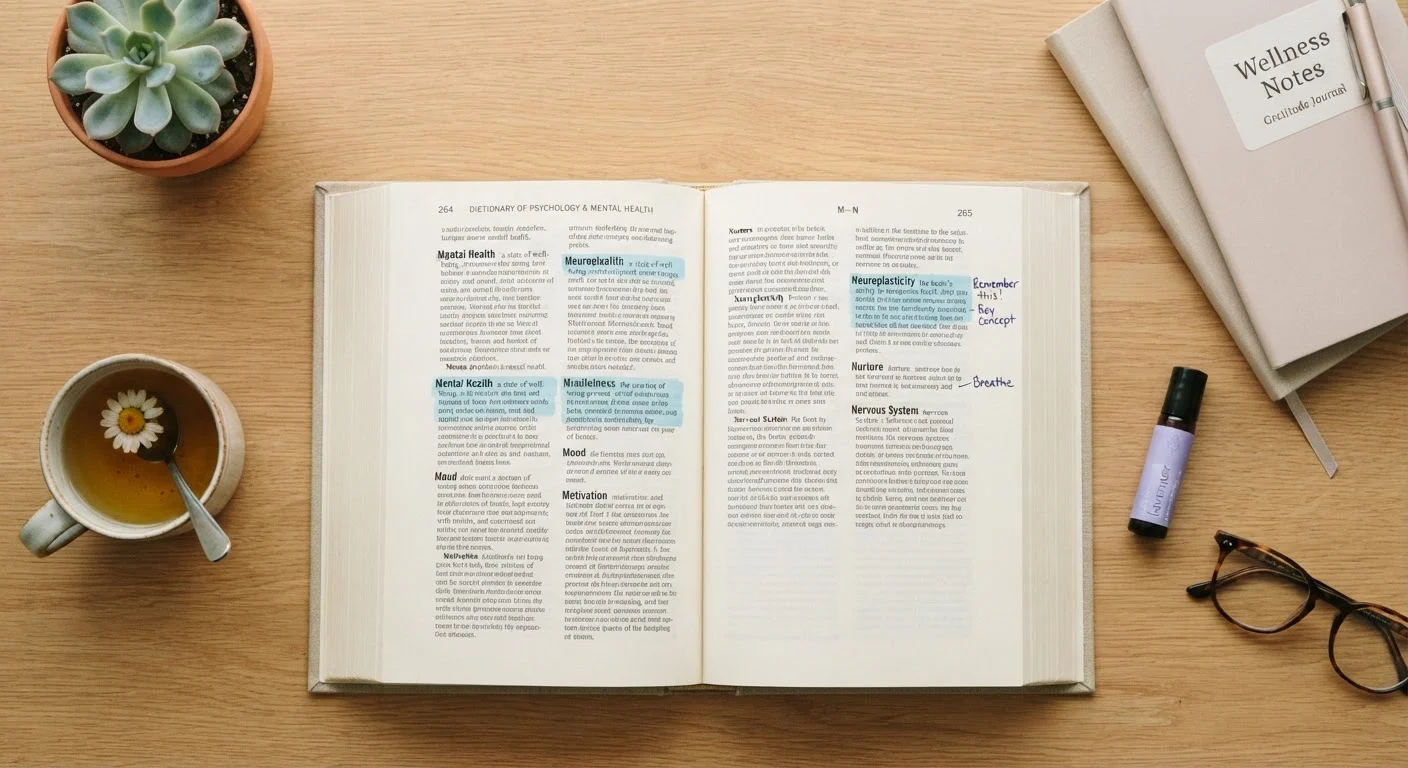 An open reference book with mental health terms highlighted in calm blue tones on a desk
