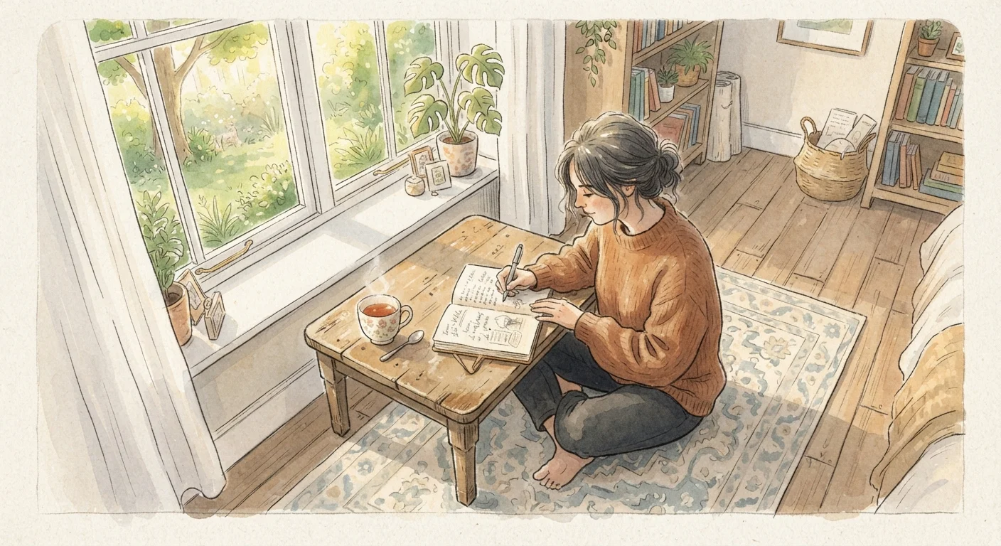 Person journaling peacefully by a sunlit window with a warm cup of tea
