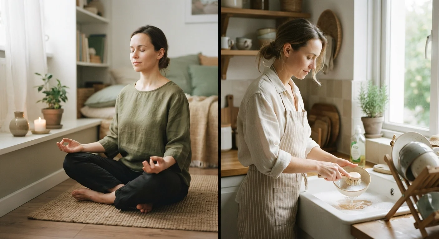 Split image showing a person meditating and another practicing mindfulness during daily activity.