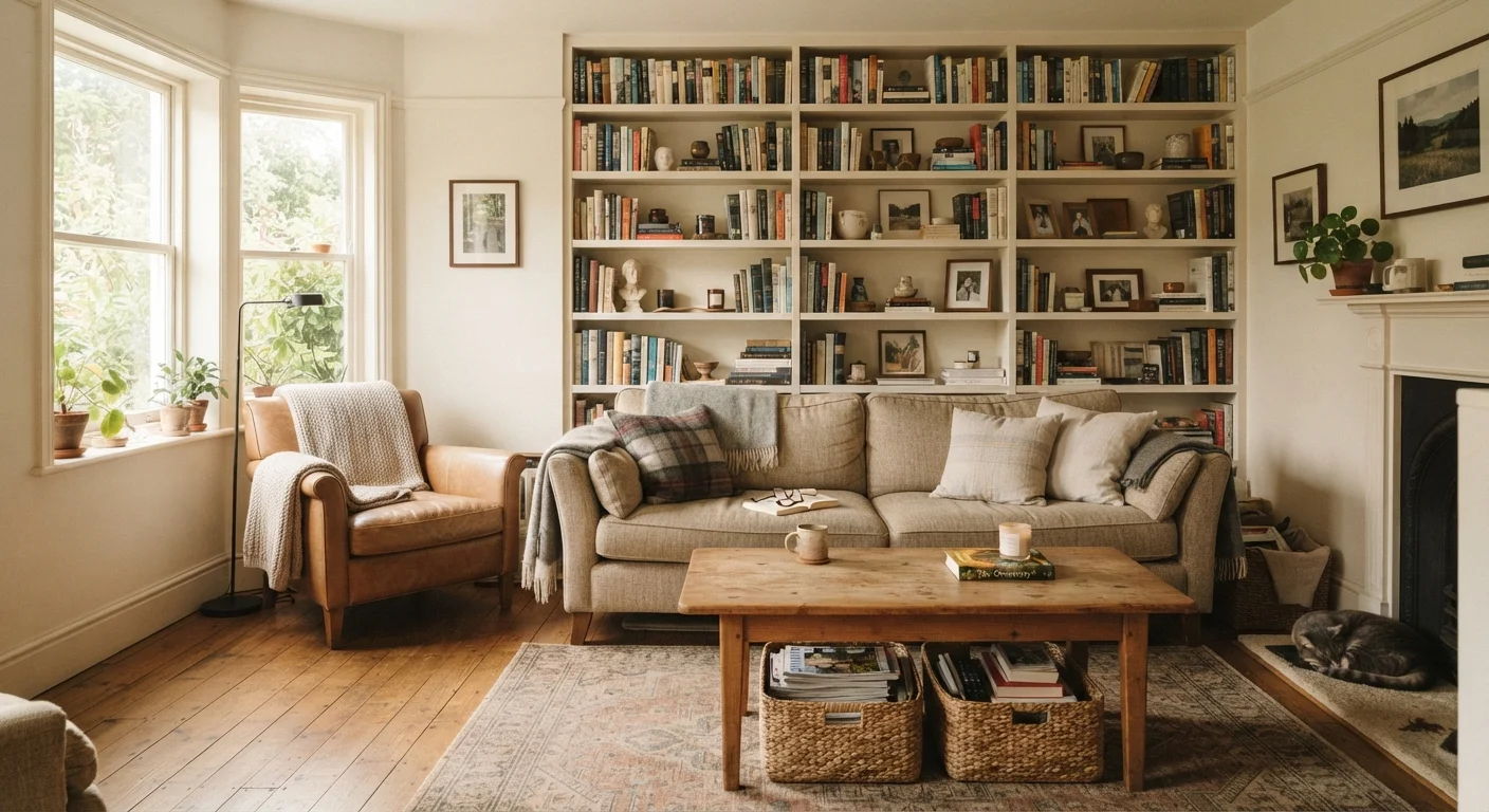 A tidy but fully furnished living room with organised shelves and cosy décor