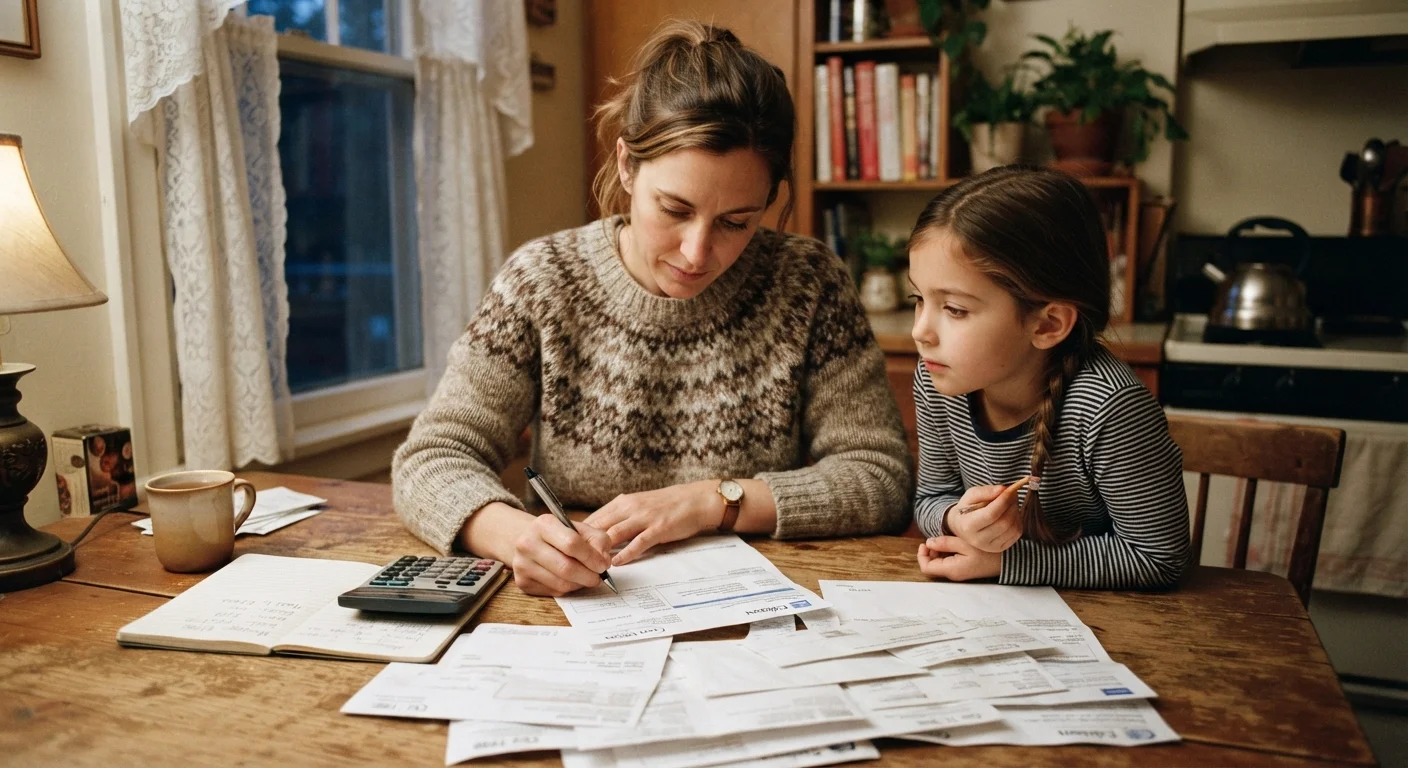 Child watching parent manage household finances at a kitchen table with paperwork