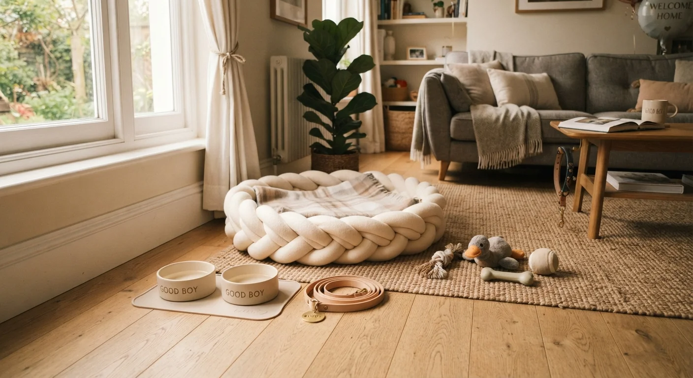 A well-prepared living room with pet essentials including a bed, bowls, leash, and toys arranged neatly.