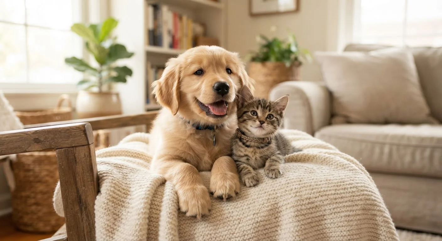 A puppy and kitten sitting together on a cozy blanket in a bright home setting.