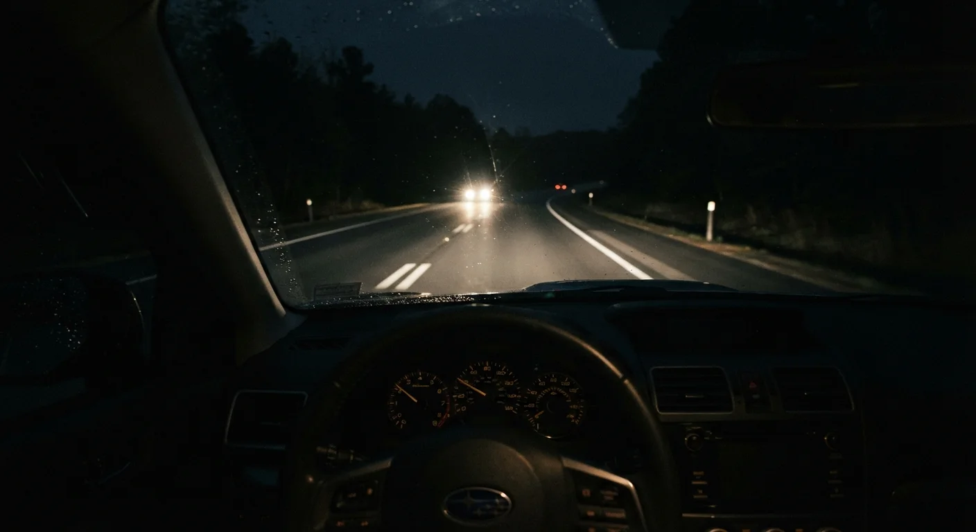 Driver's point of view on a dark highway at night with headlights cutting through darkness
