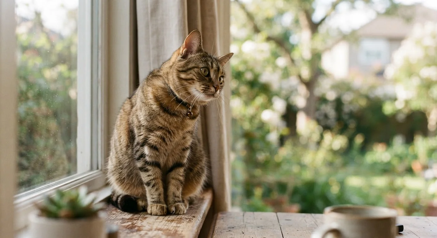 A curious tabby cat sitting on a windowsill with head tilted, looking intently