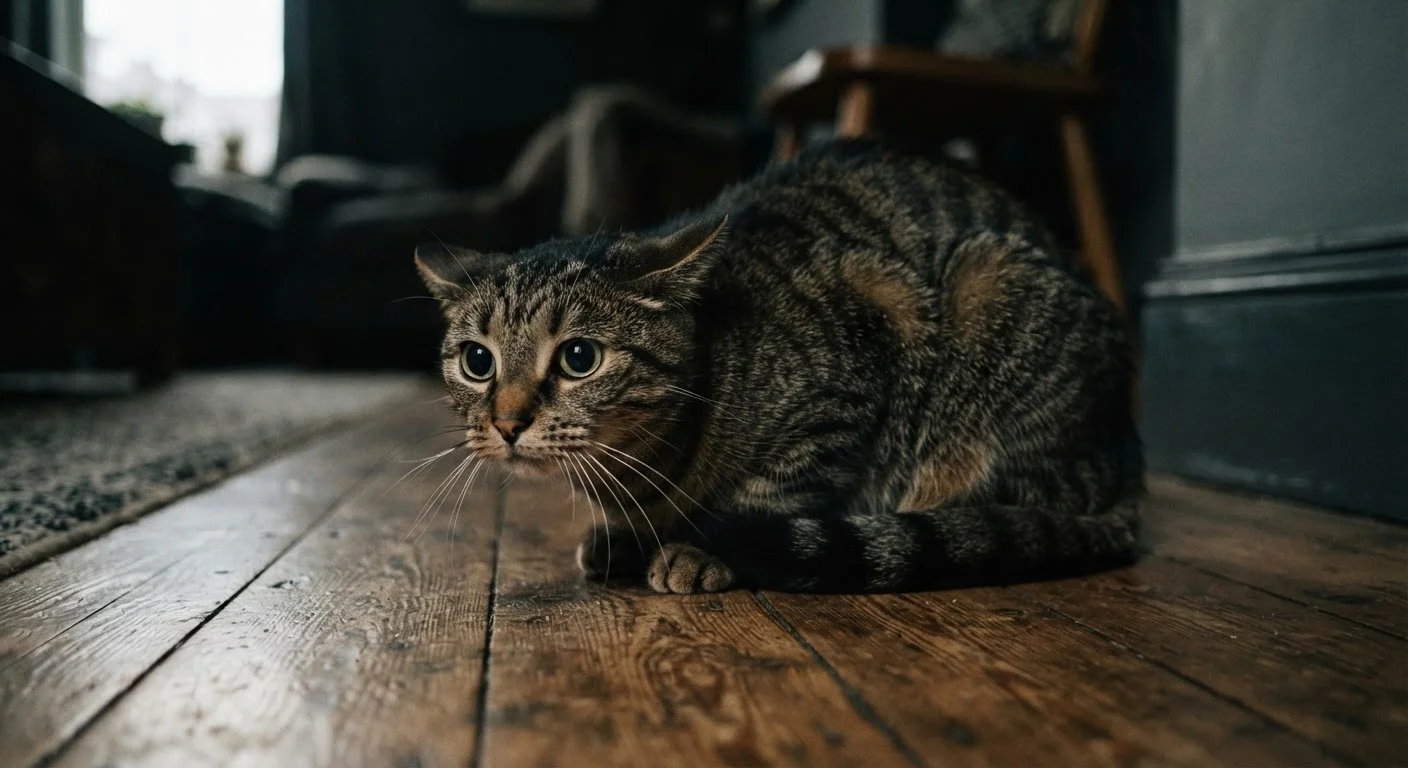A cat with flattened ears and dilated pupils displaying tense, agitated body language indoors