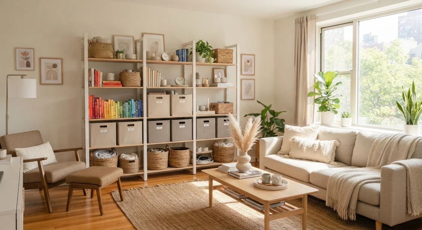 A well-organised renter's apartment with freestanding shelves, baskets, and modular storage solutions
