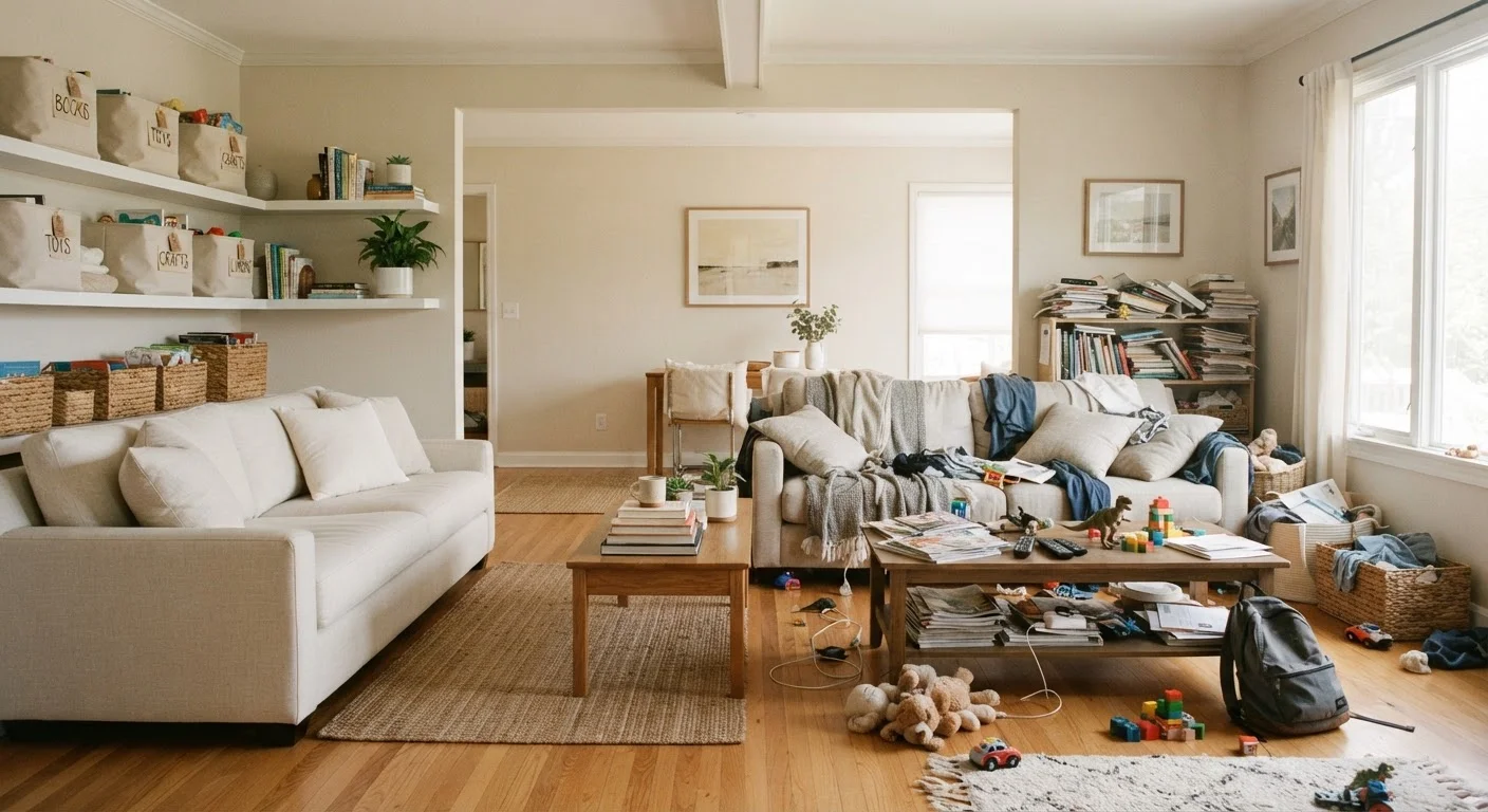 A living room split between tidy organised shelves and a cluttered messy corner returning to chaos.