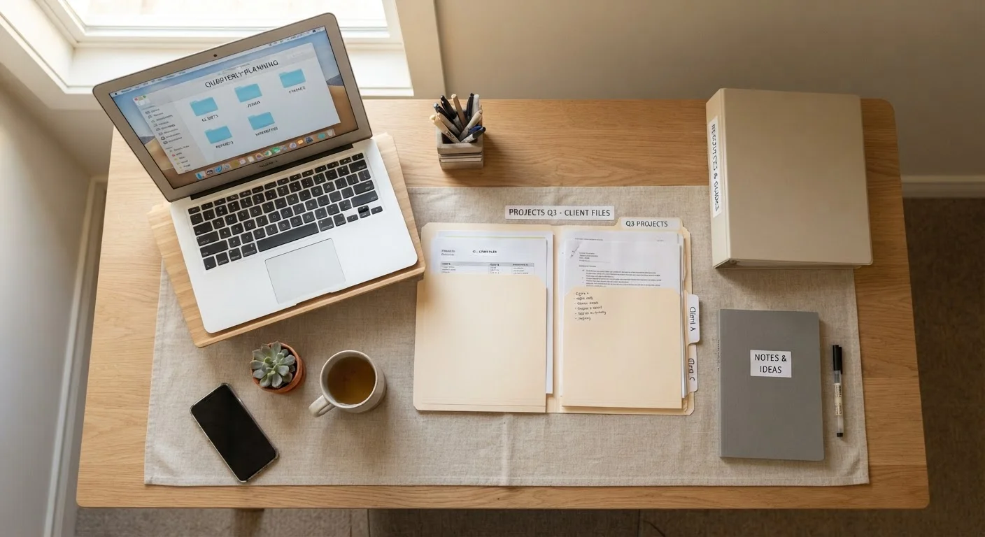 A home desk with paper folders, a laptop with digital files, and labeled binders side by side