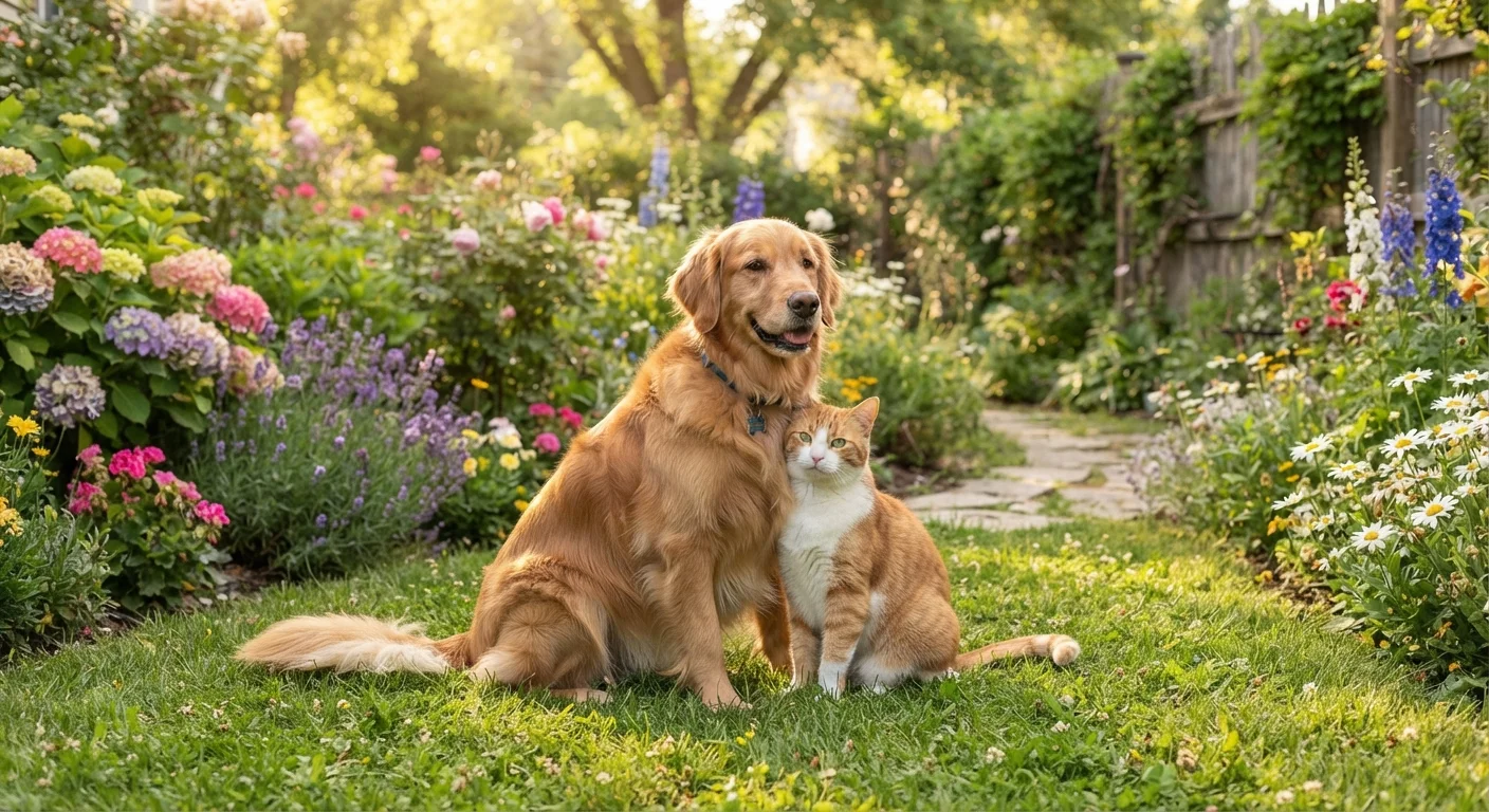 A dog and cat sitting together outdoors in a sunny green garden setting
