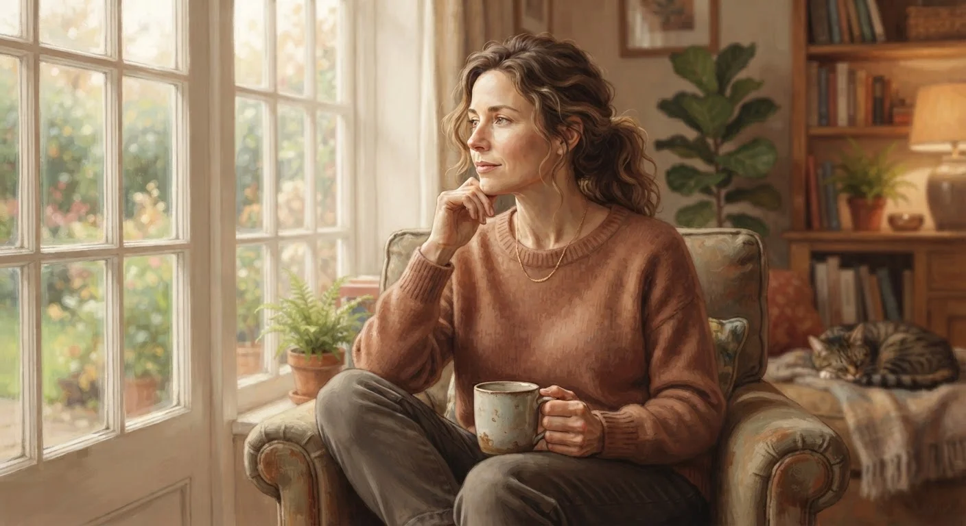 A calm adult sitting in a softly lit room looking thoughtful and composed
