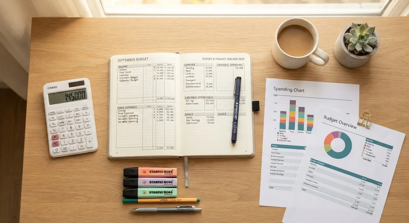 A budgeting notebook, calculator, and spending charts arranged neatly on a wooden desk