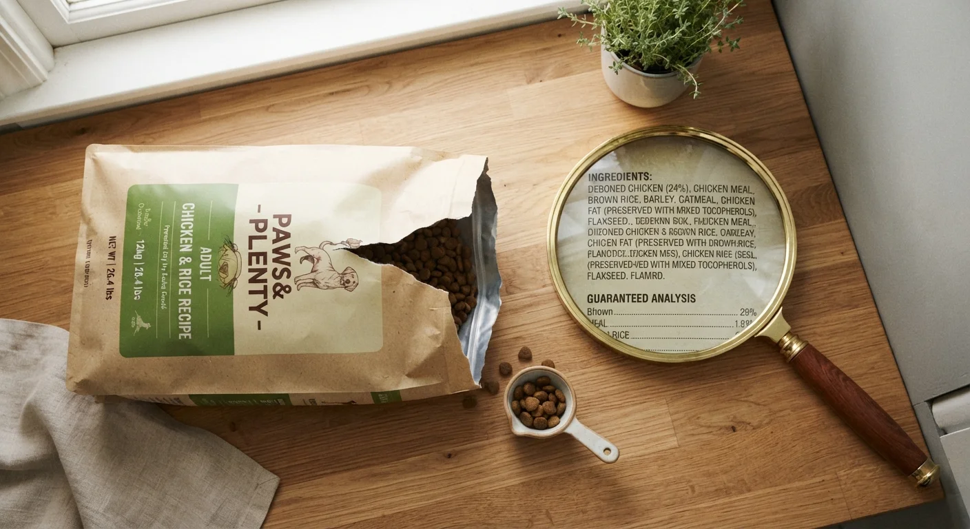 Open pet food bag with visible ingredients label and a magnifying glass on a kitchen counter