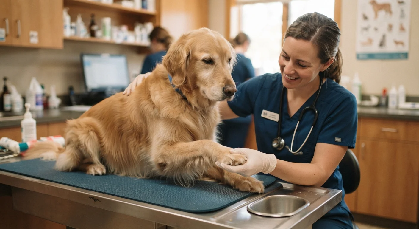 A veterinarian gently examining an overweight golden retriever on a clinic table