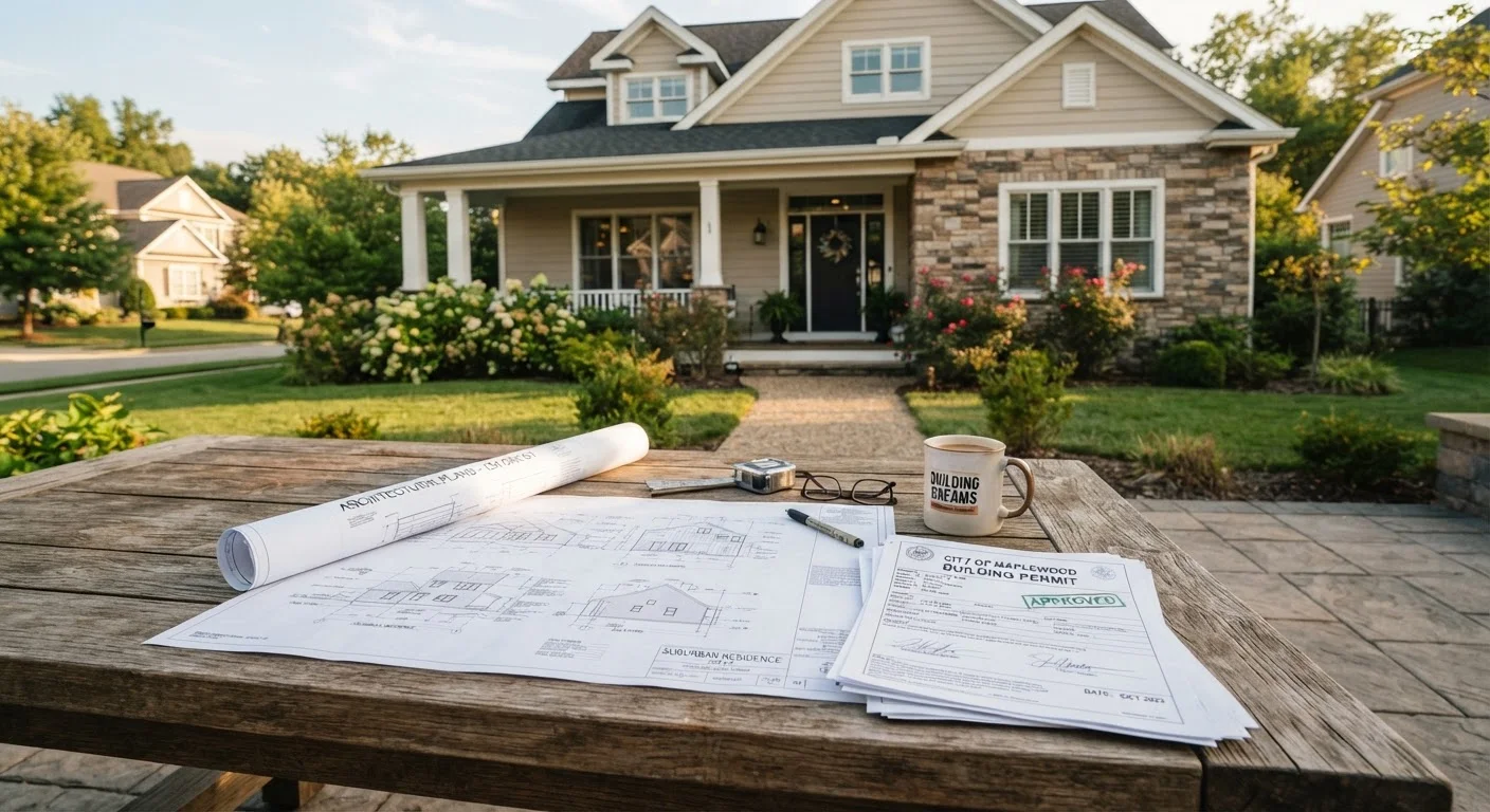 Architectural blueprints and building permit documents on a table in front of a suburban home