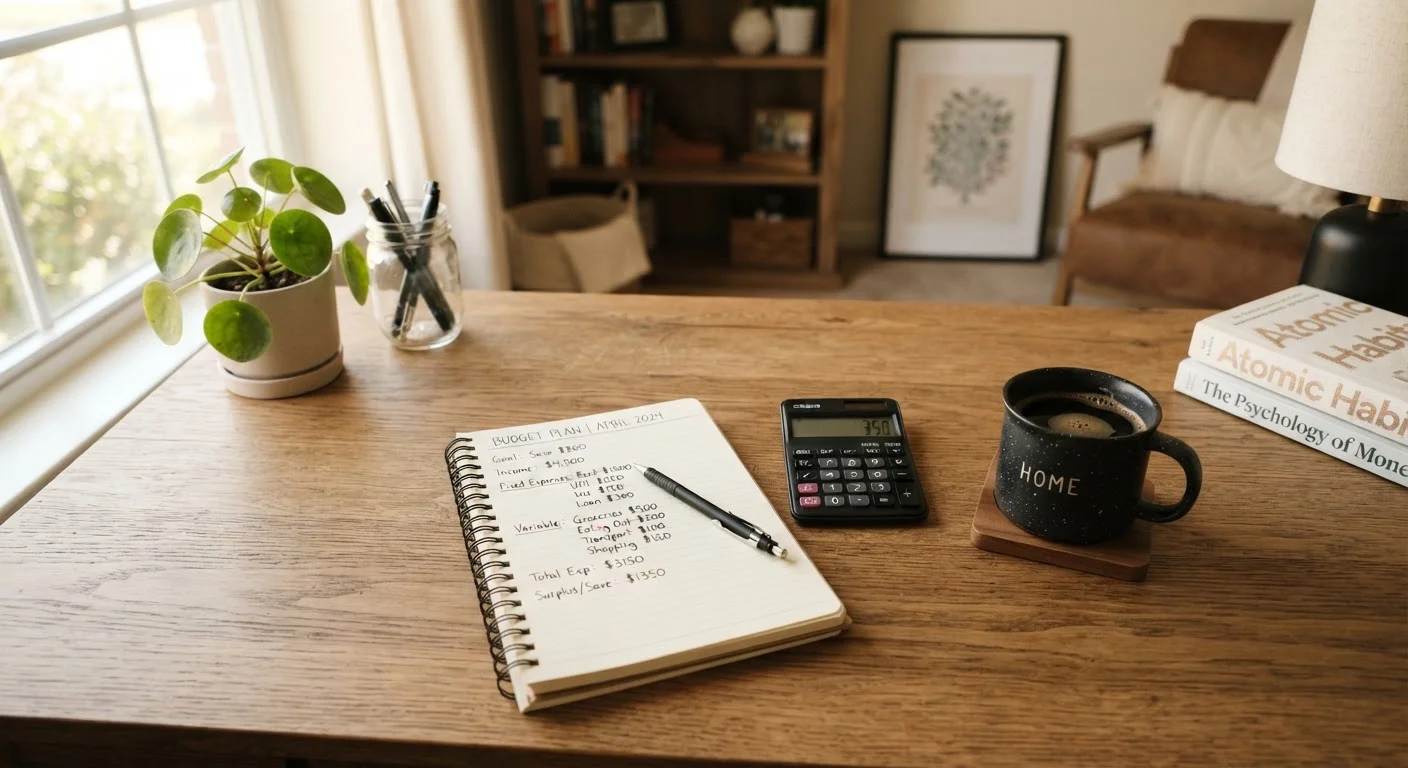 A organized desk with a budget notebook, calculator, and coffee cup in warm lighting