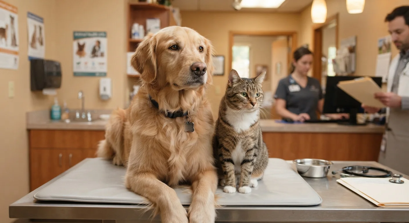 A dog and a cat sitting together in a clean, bright veterinary clinic waiting area