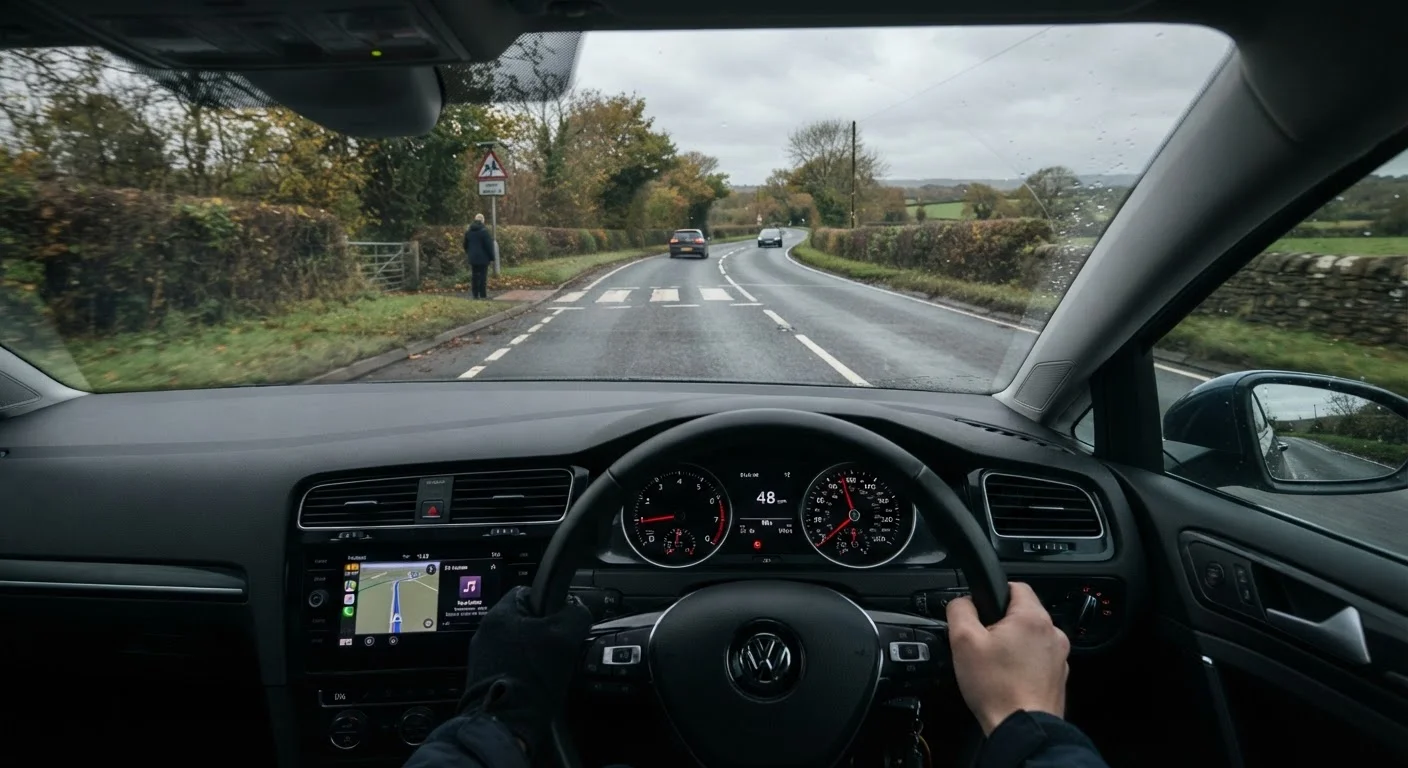 Driver's point-of-view looking ahead down a road with visible hazard cues and dashboard