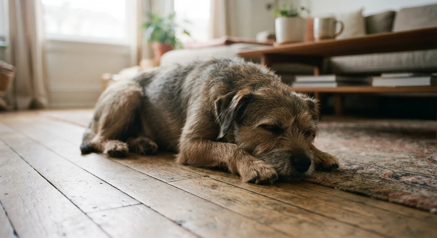 Dog lying on floor with hunched posture and lowered head, showing subtle signs of discomfort