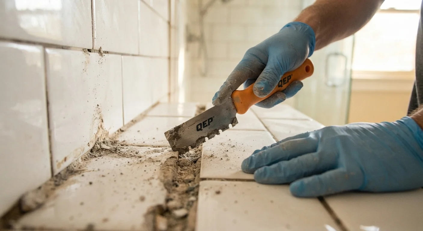 Hands using a grout saw to remove old grout between white bathroom tiles