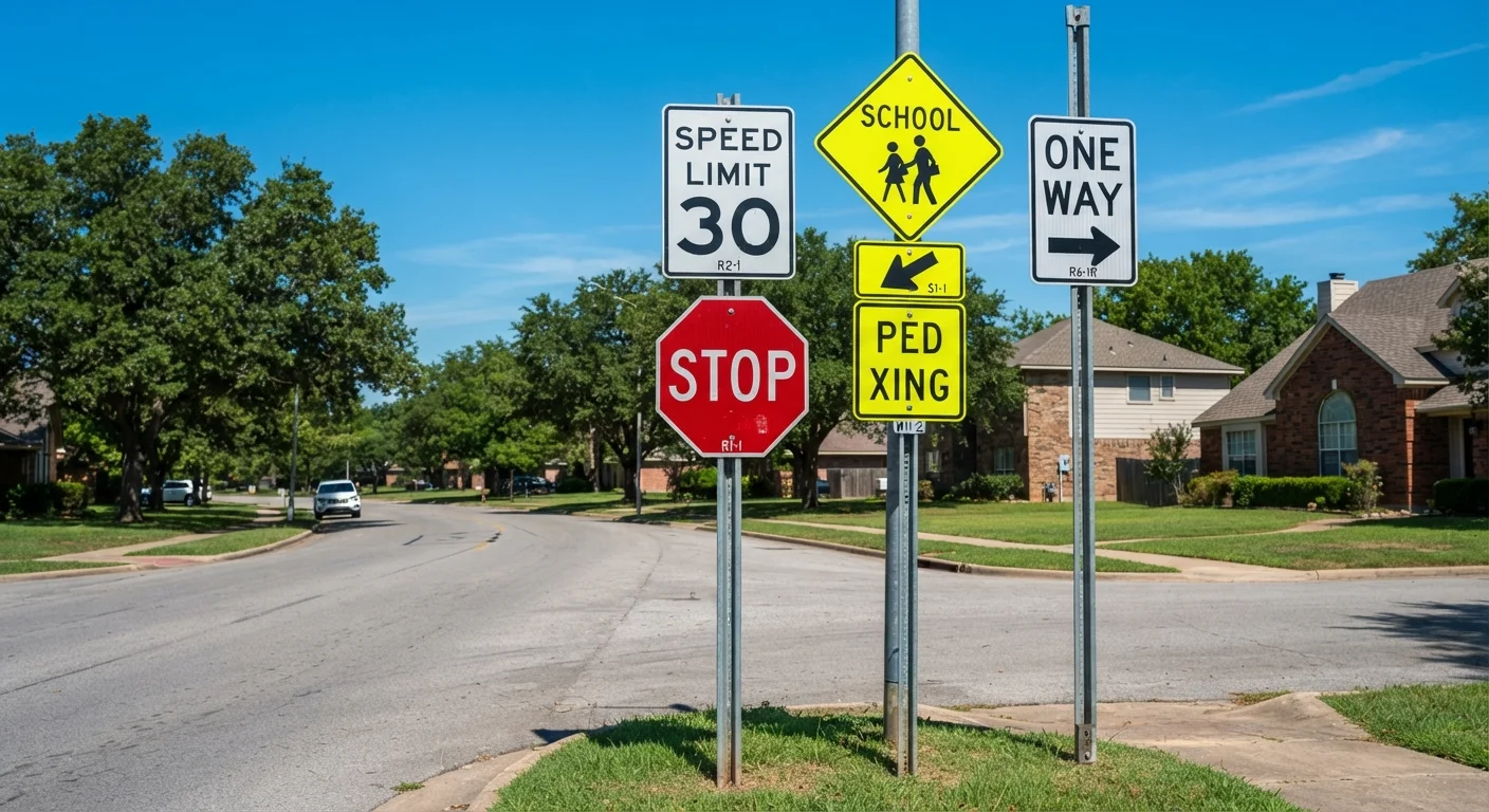 A row of standard US road signs mounted on poles along a roadside on a clear day