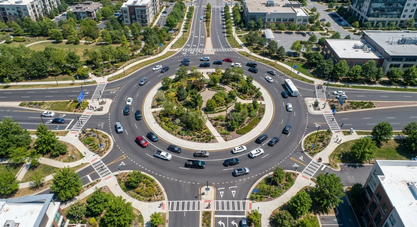 Aerial view of a roundabout with multiple vehicles navigating circular traffic flow