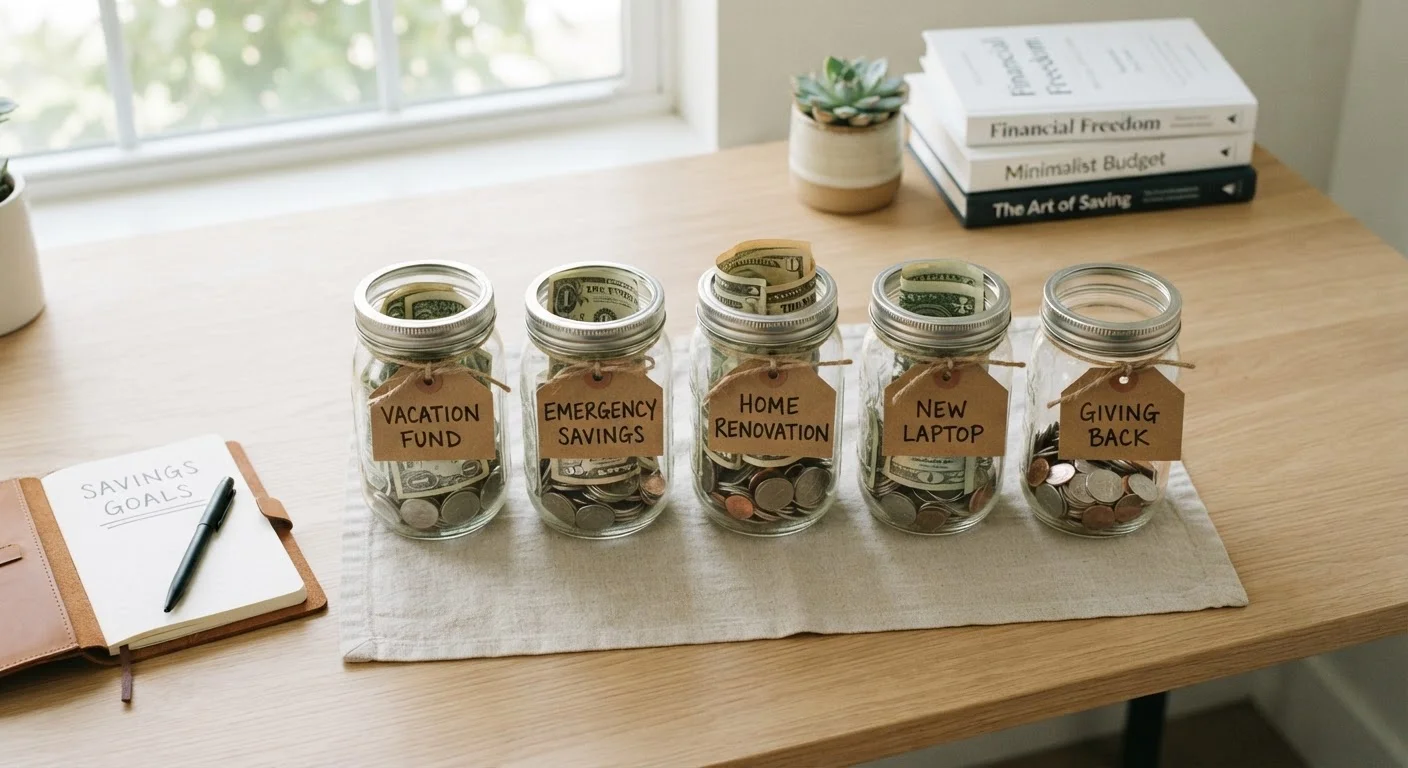 Several labeled glass jars filled with coins and cash representing different savings goals