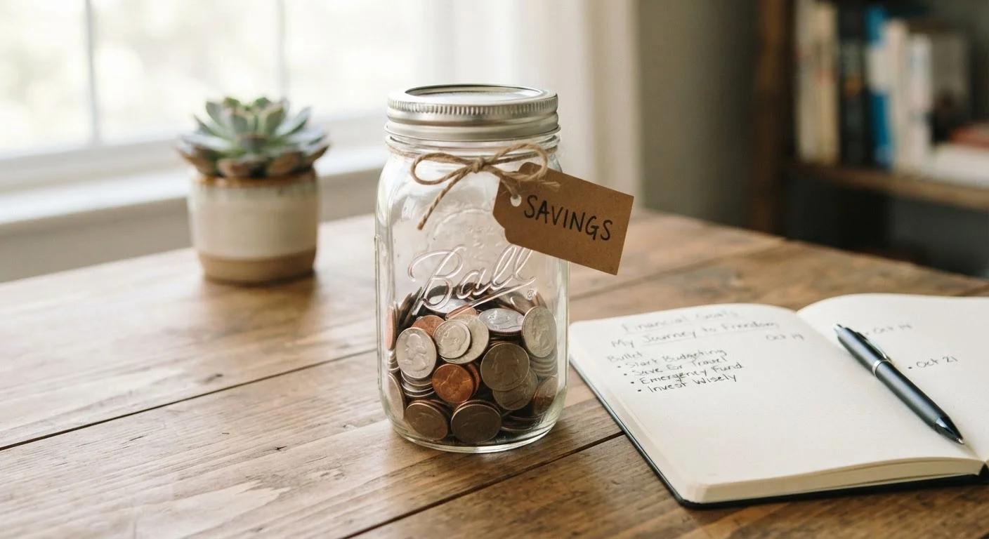 A glass jar of coins on a desk beside a notebook, representing everyday savings habits