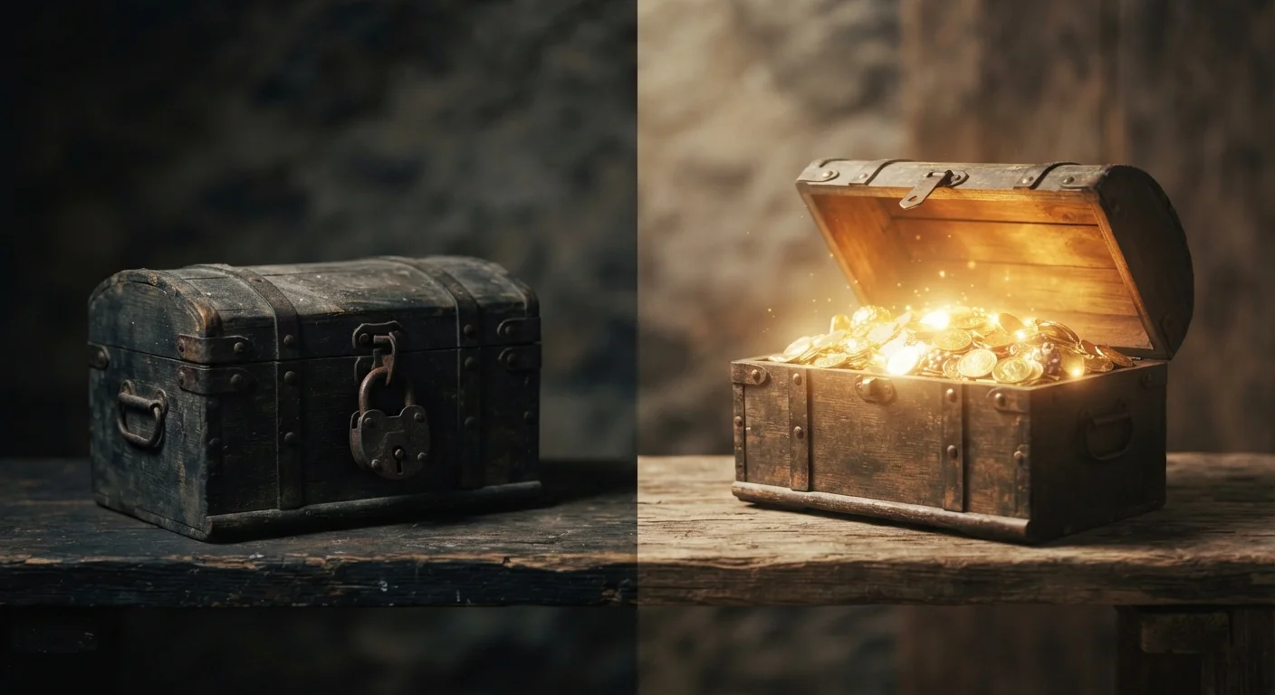 Two treasure chests contrasting scarcity and abundance mindsets in personal finance