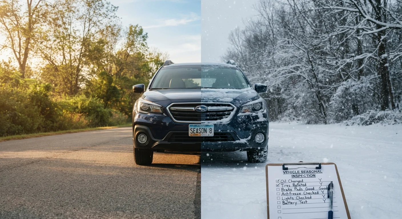 A car shown in split seasonal setting with summer sun on one side and winter snow on the other