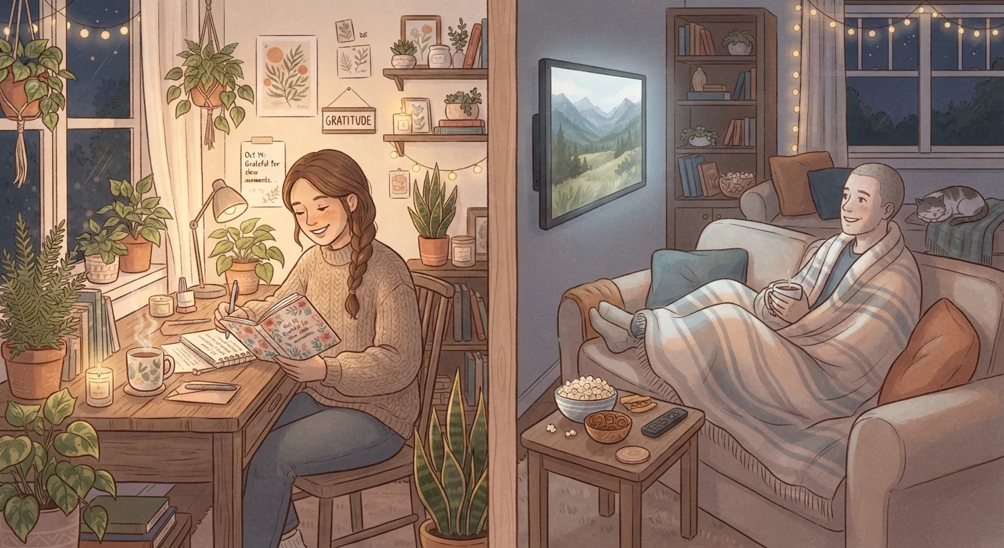 Two contrasting scenes depicting self-care through journaling and self-soothing through comfort TV watching.