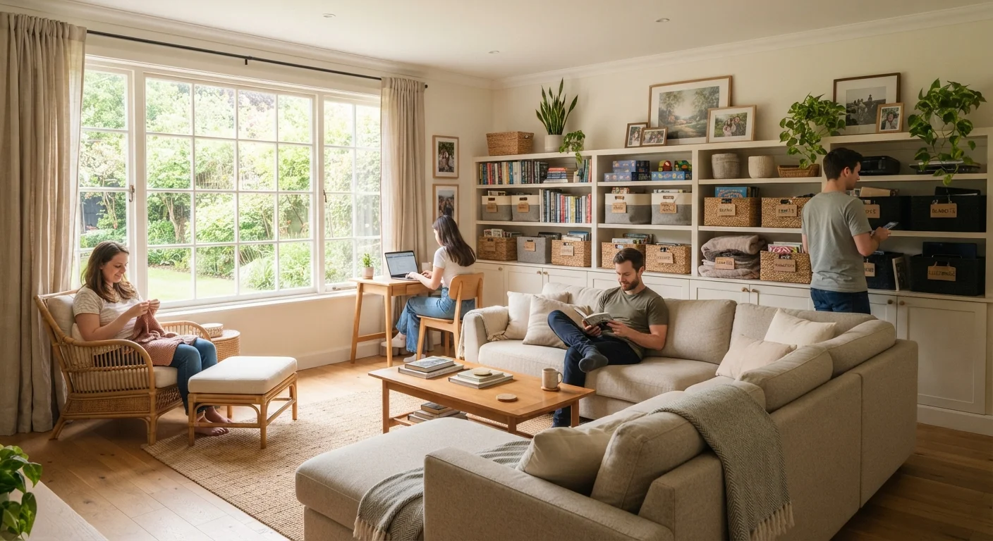 A well-organized shared living room with labeled storage baskets and tidy shelves.