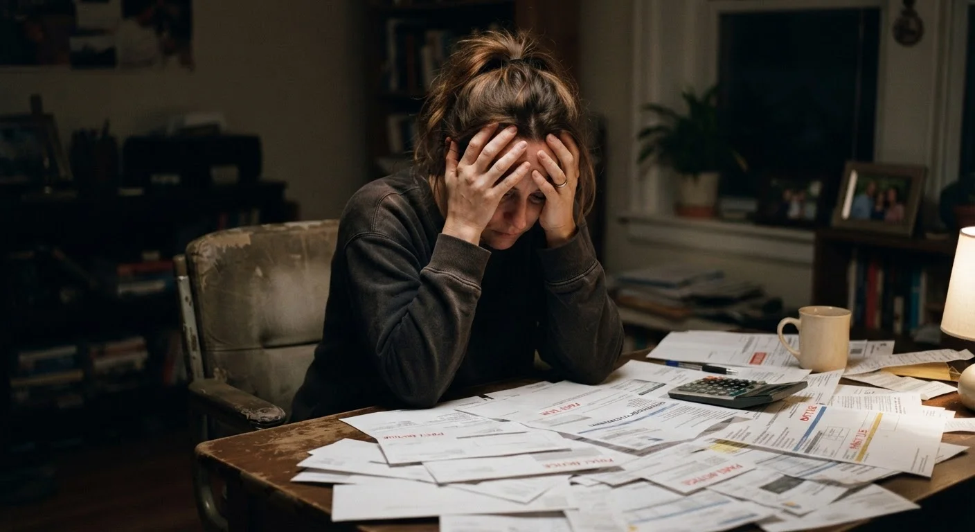 A person overwhelmed by financial paperwork sitting alone at a cluttered desk
