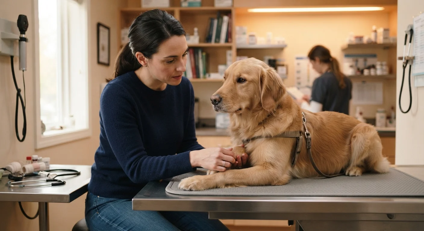 Pet owner carefully examining a dog on a veterinary examination table