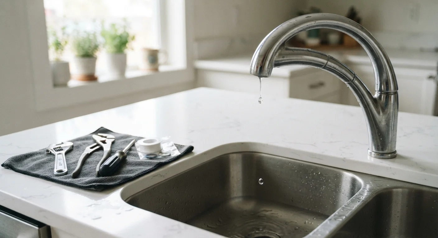 A dripping chrome kitchen tap with repair tools laid out on a countertop nearby