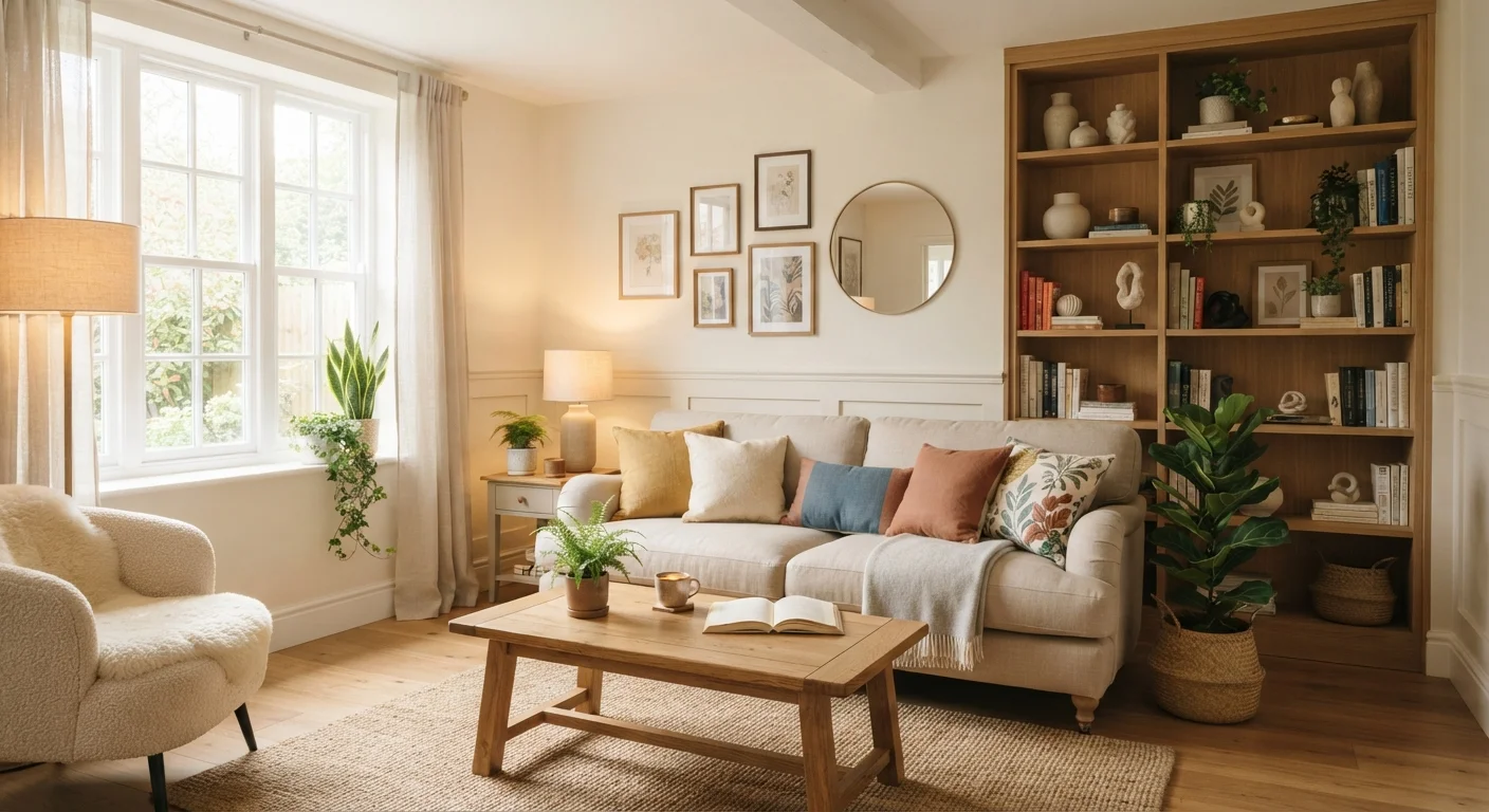 A cozy, well-organized living room with warm lighting and fresh decorative accents.
