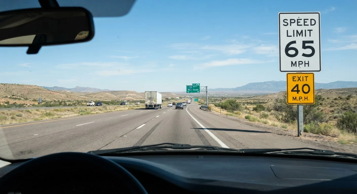 A posted speed limit sign and yellow advisory speed sign on a US highway