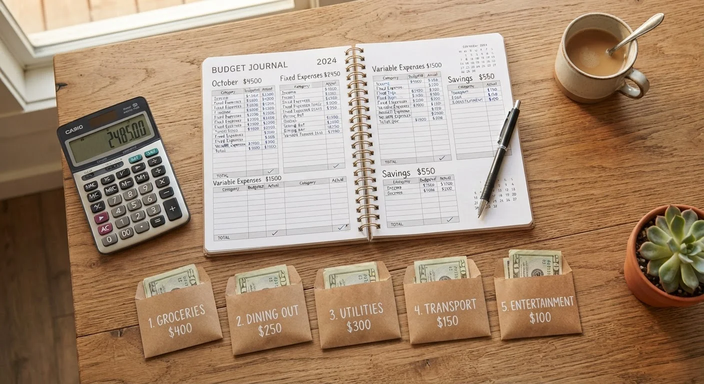 Open budget notebook with labeled spending envelopes and calculator on a wooden desk