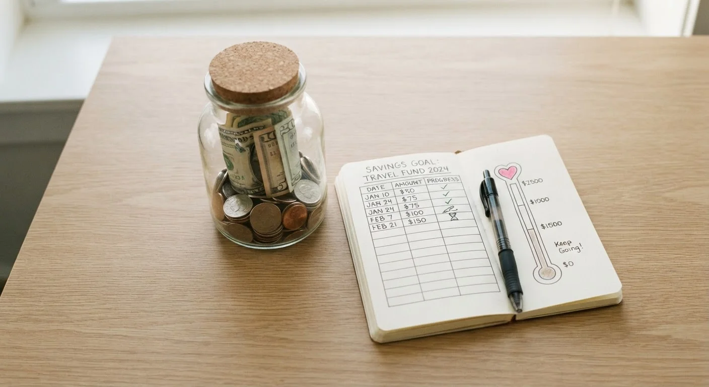 A glass jar filled with coins and bills sitting beside a savings notebook on a clean desk