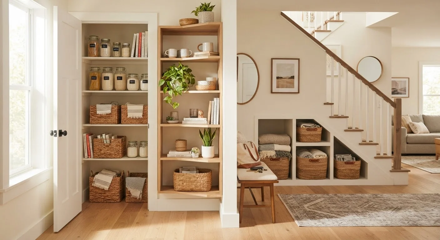 Bright home interior showing creative storage solutions using doors, corners, and shelving