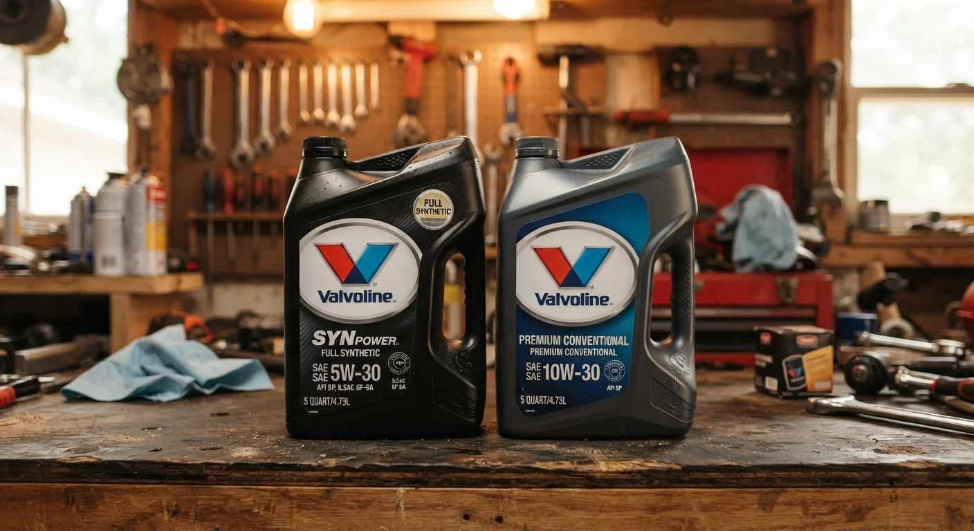 Two motor oil bottles, synthetic and conventional, sitting side by side on a garage workbench