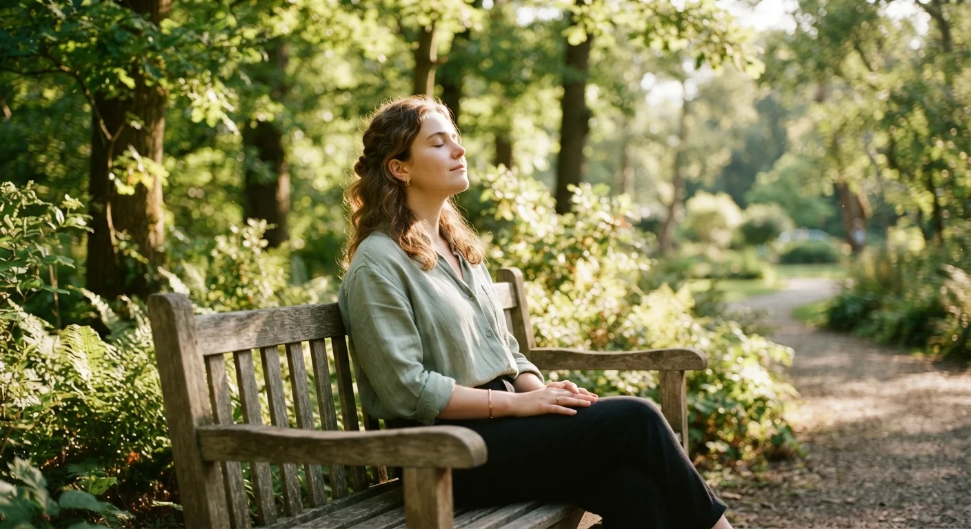 A person sitting quietly in a sunlit park, appearing calm and mentally refreshed