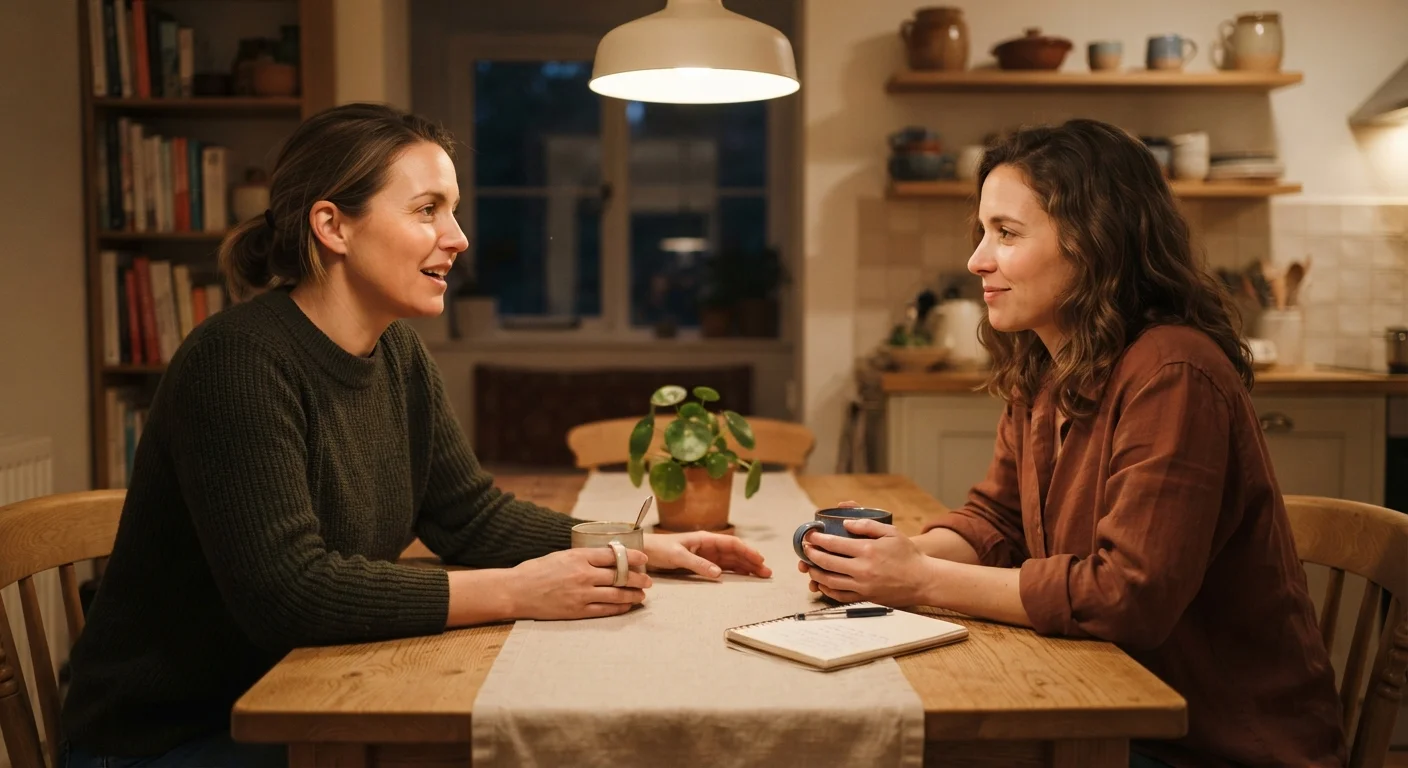 Two adults having a calm, supportive conversation at a kitchen table indoors