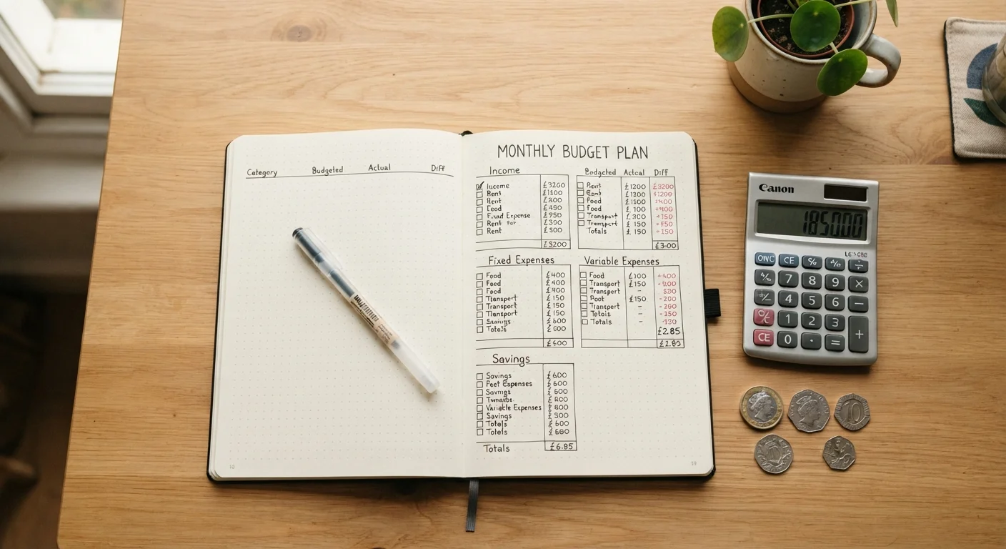 Open budgeting notebook with pie chart, calculator, and coins on a wooden desk