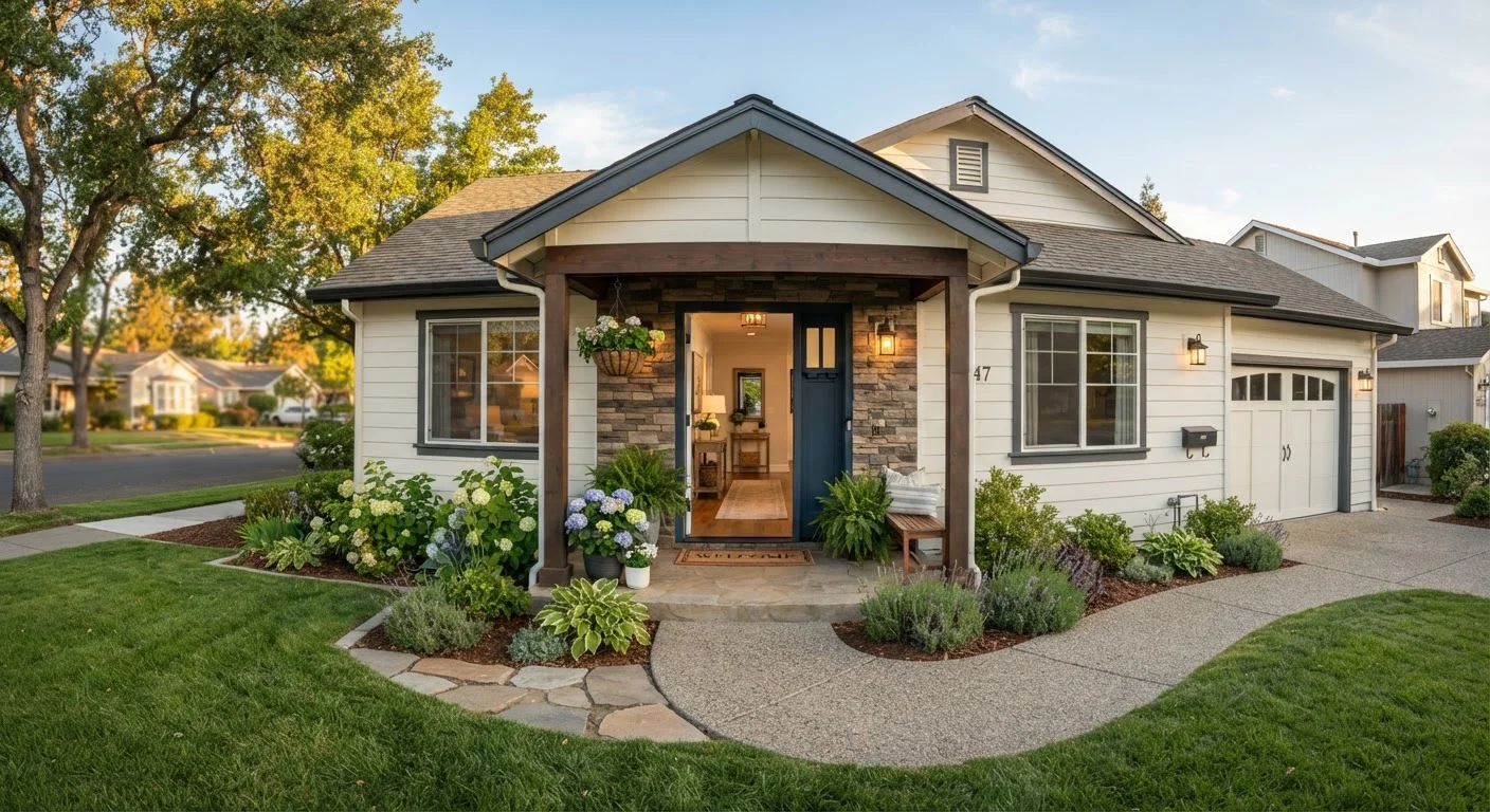 Well-maintained suburban home exterior with clean gutters, tidy landscaping, and open front door.