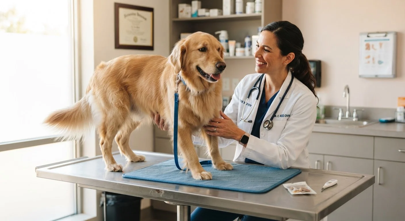 Veterinarian performing a routine wellness examination on a golden retriever in a clinic