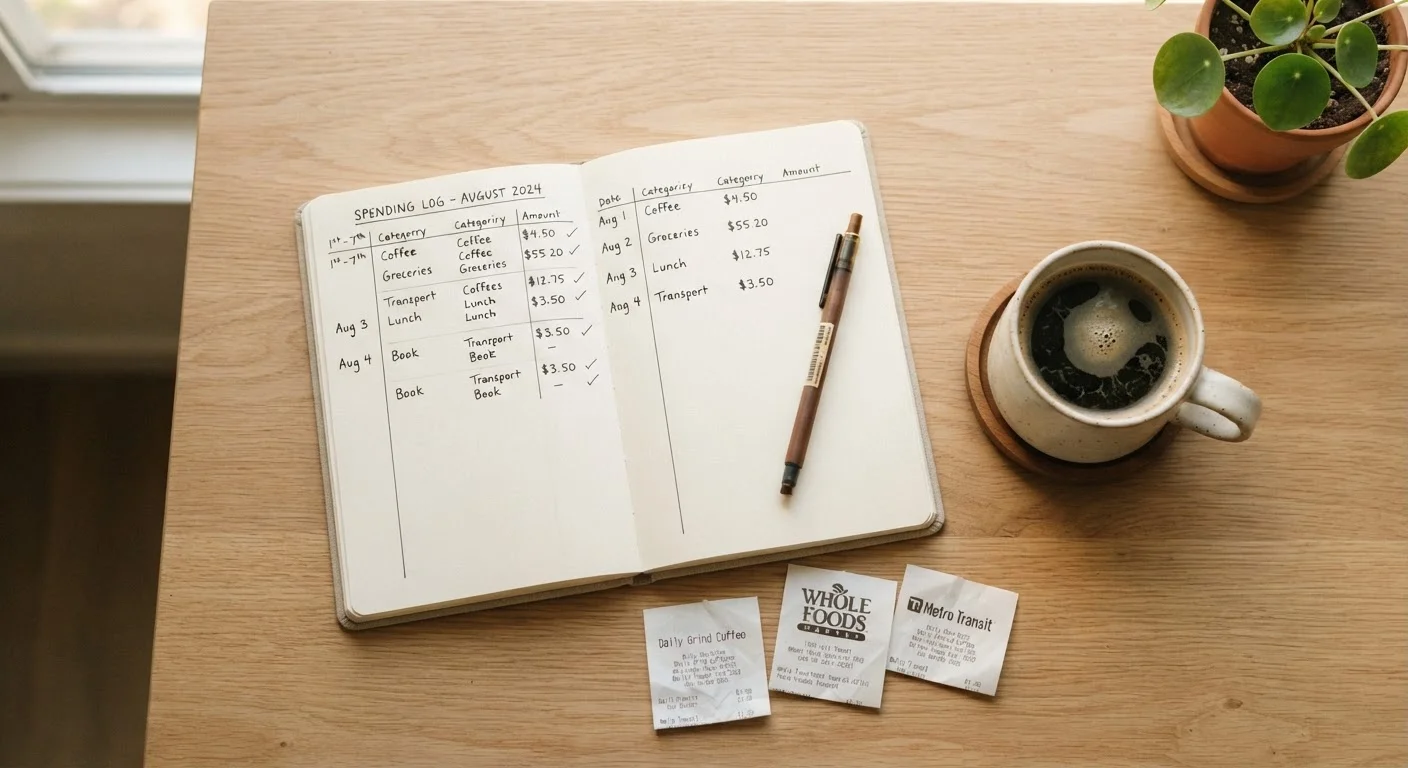 Open notebook with handwritten spending log, pen, receipts, and coffee cup on a wooden desk