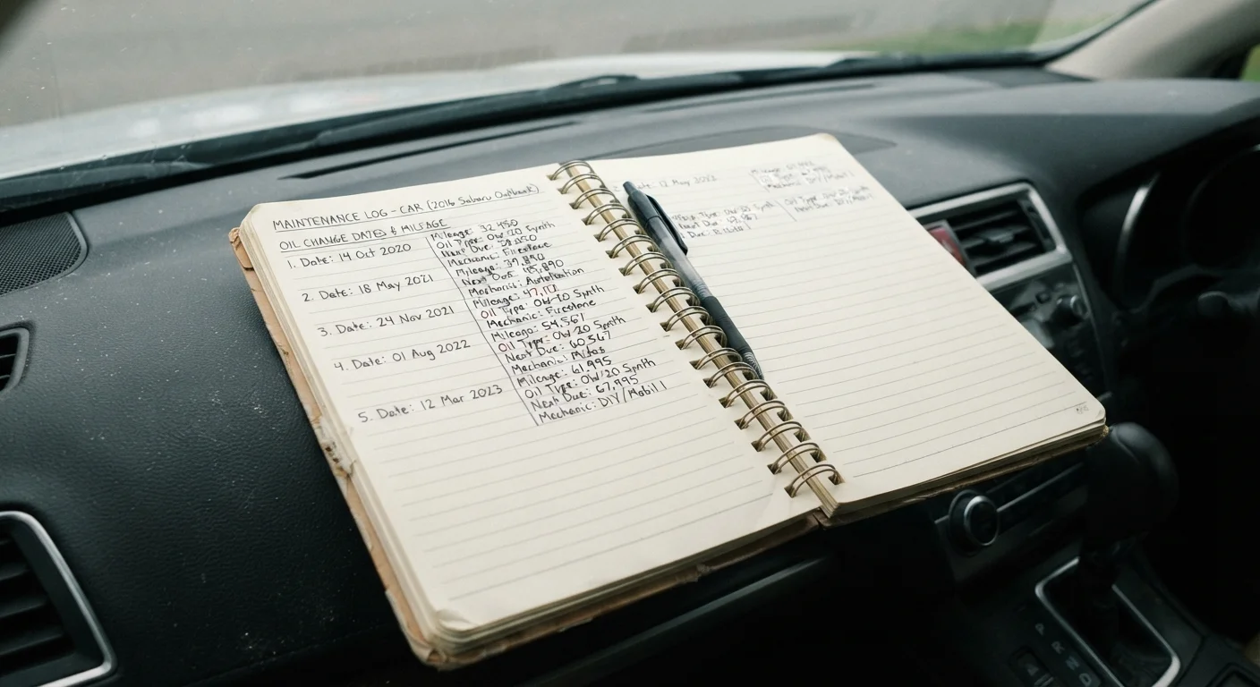 Open maintenance log notebook resting on a car dashboard with handwritten service records