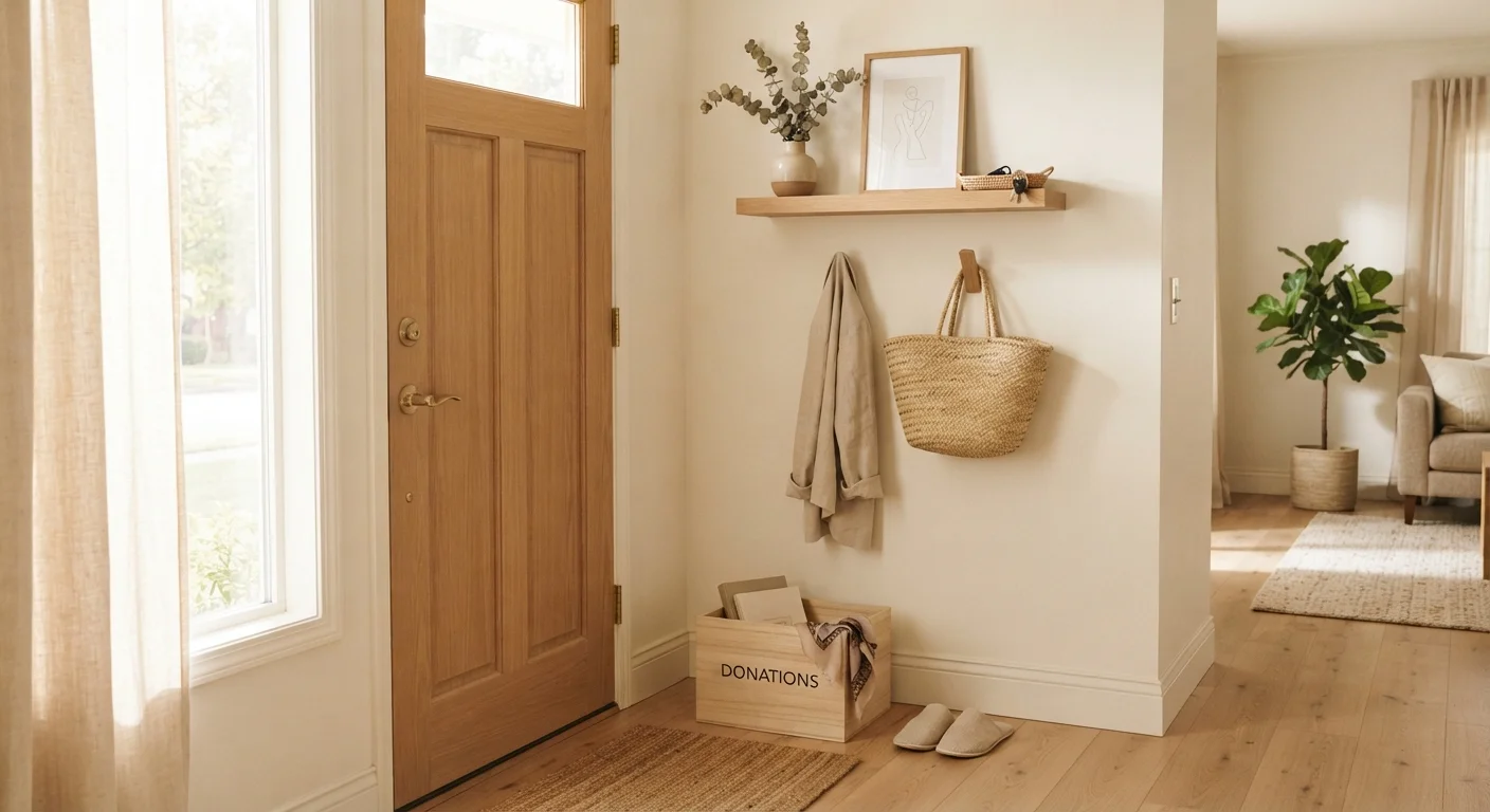A tidy home entryway with one coat hook, an organized shelf, and a donation box near the front door
